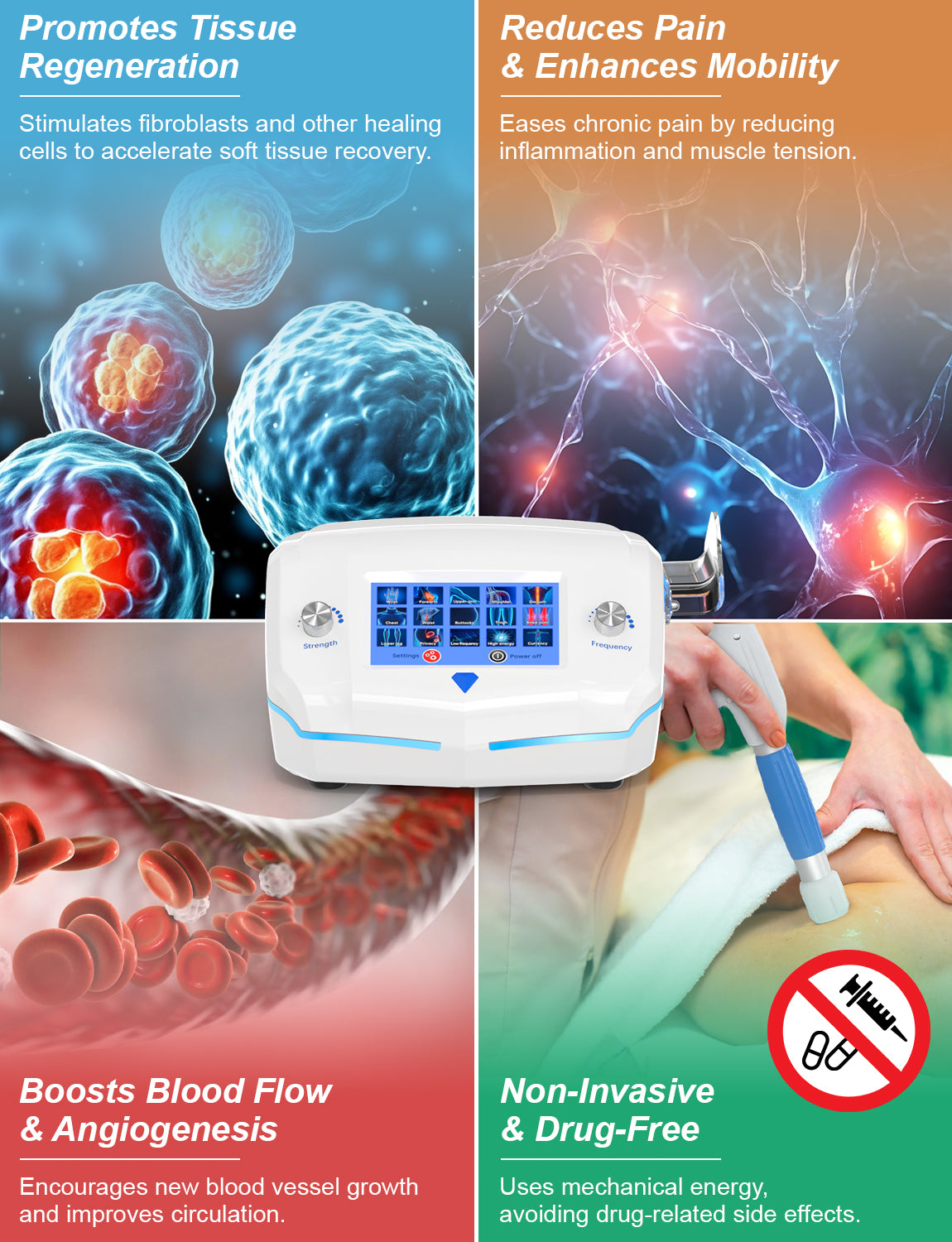 Extracorporeal Shock Wave Therapy ESWT Machine with Focused and Radial Workheads, Physical Therapy to Relieve Joint and Muscle Pain in The Body, Painless, Non-invasive, No Side Effects